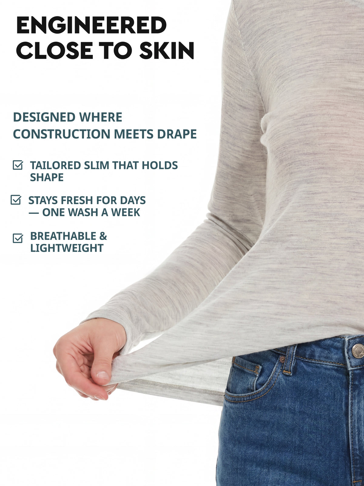 Women's merino V-neck close to skin