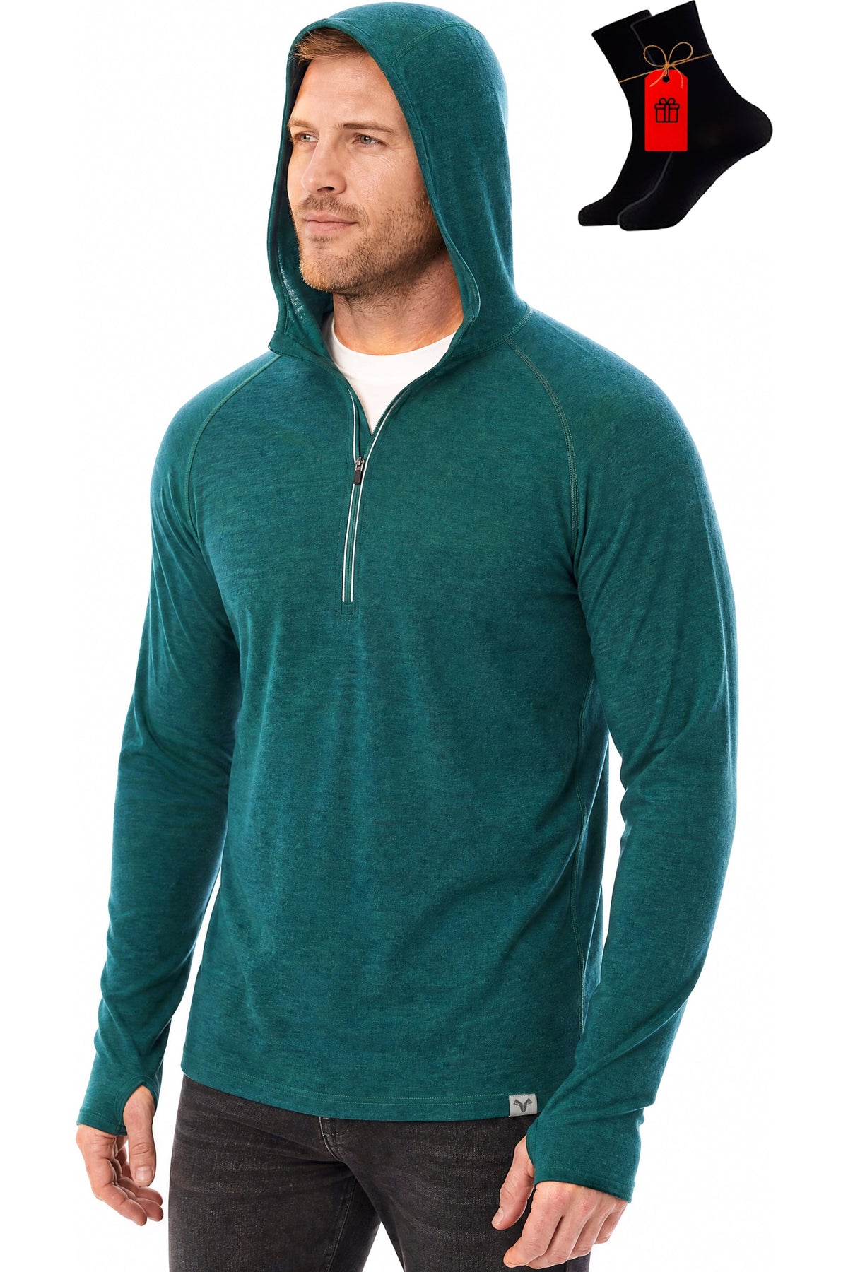 MERINNOVATION Men's Merino Wool Half Zip Hoodie Bayberry Green with bonus merino socks