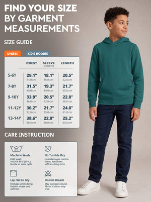 Size guide and care instructions - Kids Hoodie 220 GSM unisex