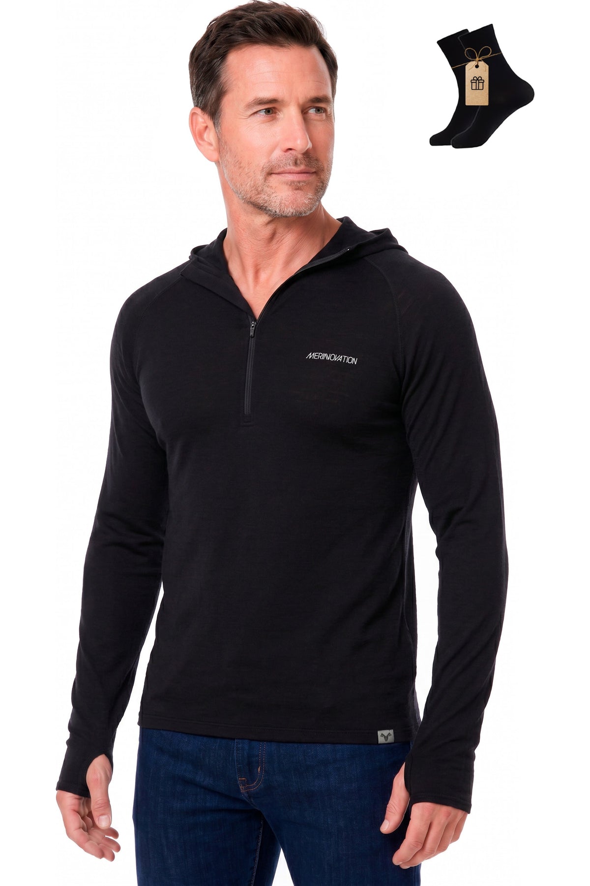 Old Collection MERINNOVATION Men's Merino Wool Half Zip Hoodie Black with bonus merino socks