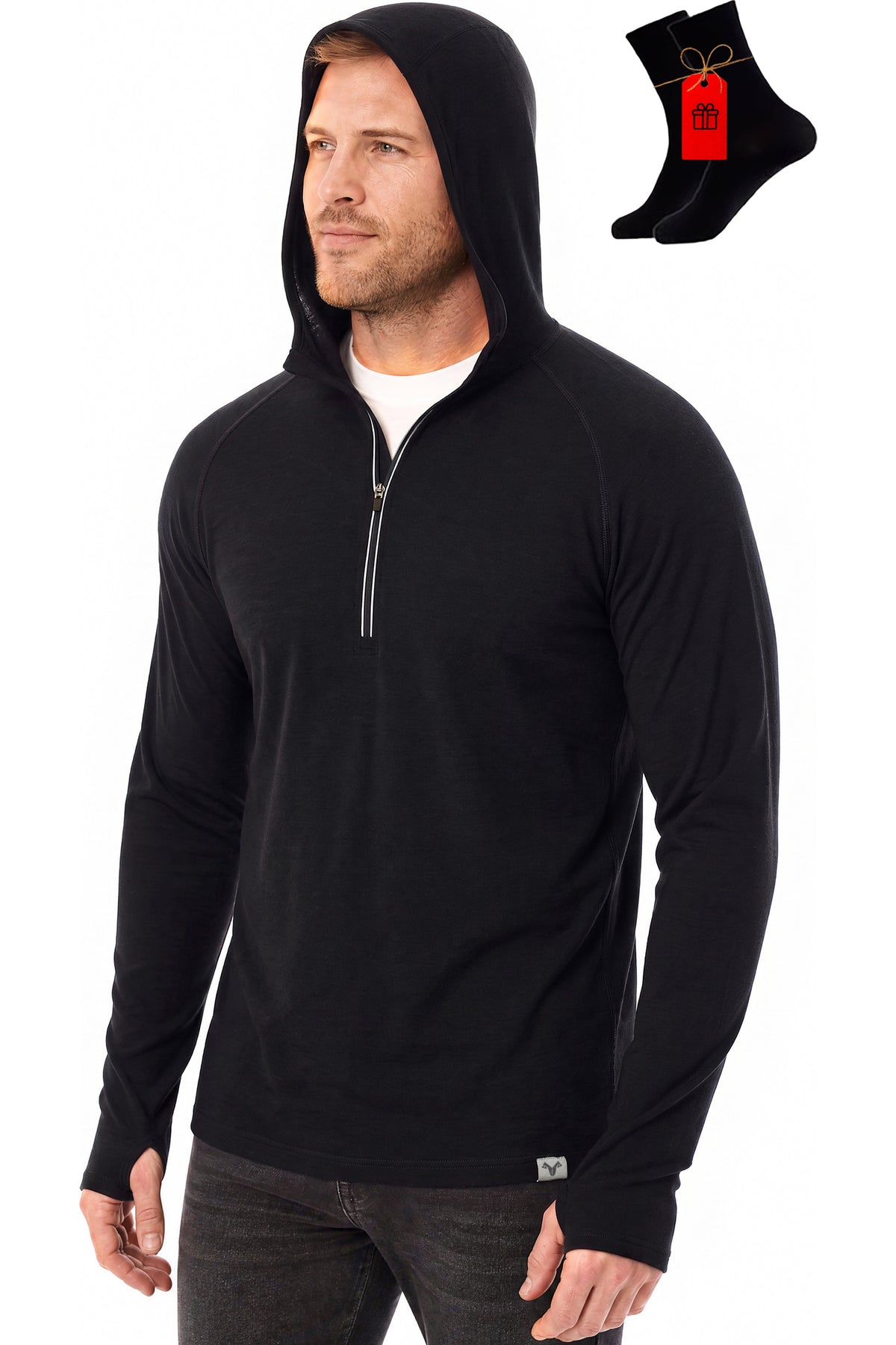 MERINNOVATION Men's Merino Wool Half Zip Hoodie Black with bonus merino socks