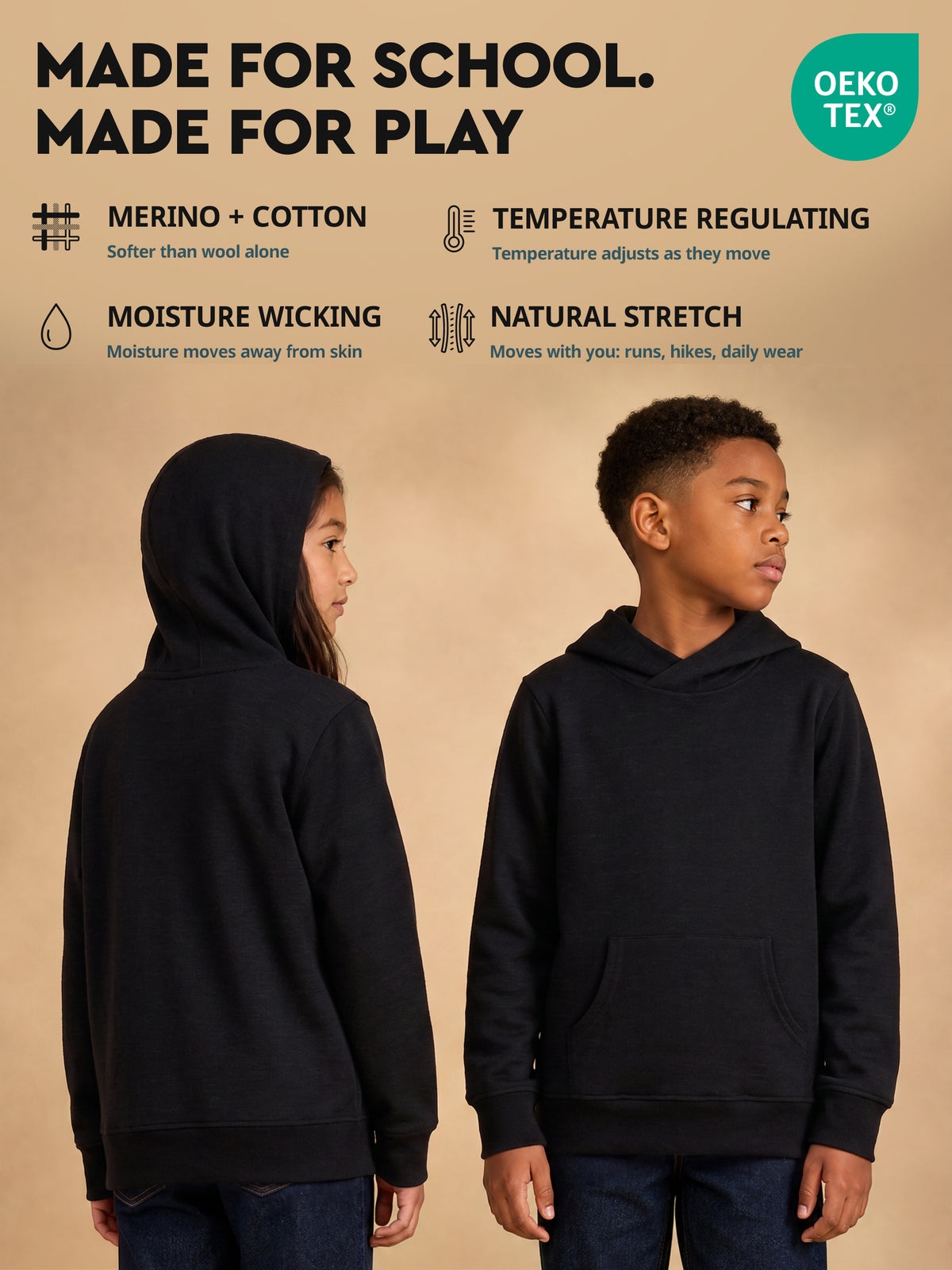 Made for school, made for play - merino cotton kids hoodie features