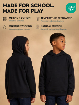 Made for school, made for play - merino cotton kids hoodie features