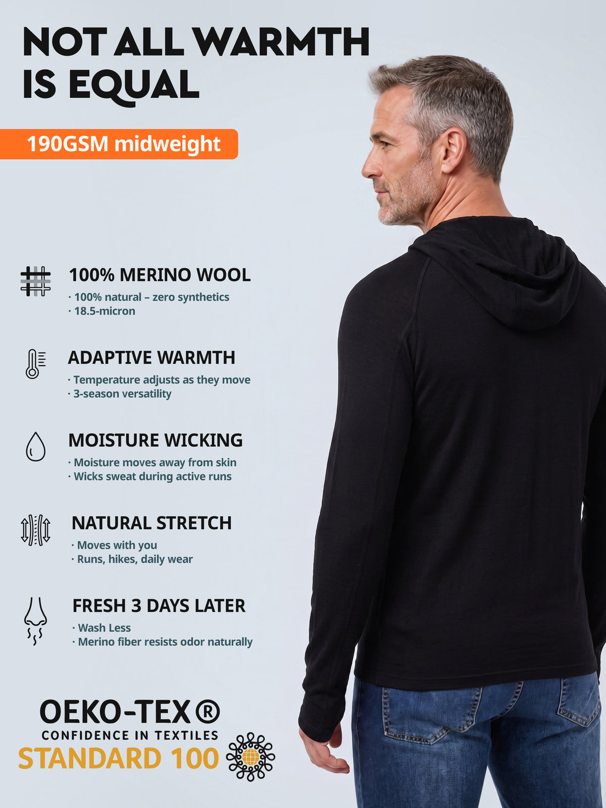 Men's merino wool hoodie Black features - Old Collection