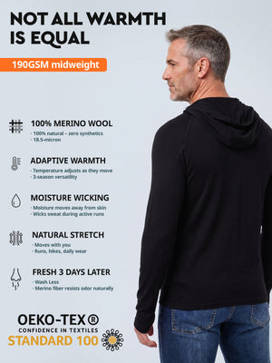 Men's merino wool hoodie Black features - Old Collection