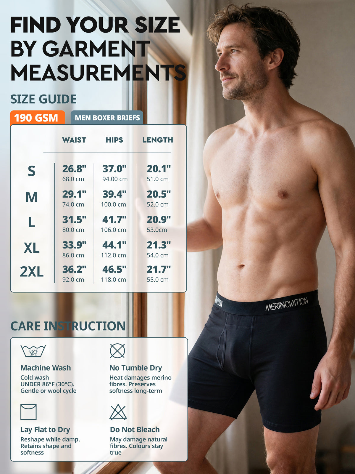 Size guide and care instructions - Men Boxer Briefs 190 GSM