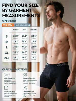 Size guide and care instructions - Men Boxer Briefs 190 GSM