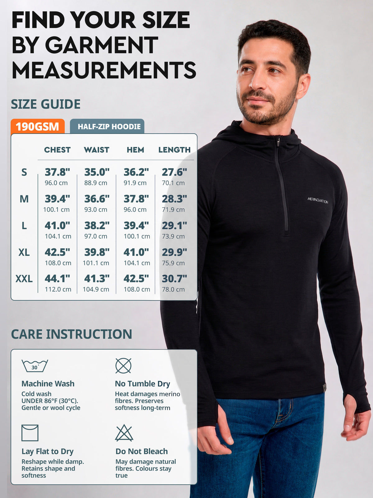 Old Collection size guide S-XXL and care instructions - Half-Zip Hoodie 190 GSM