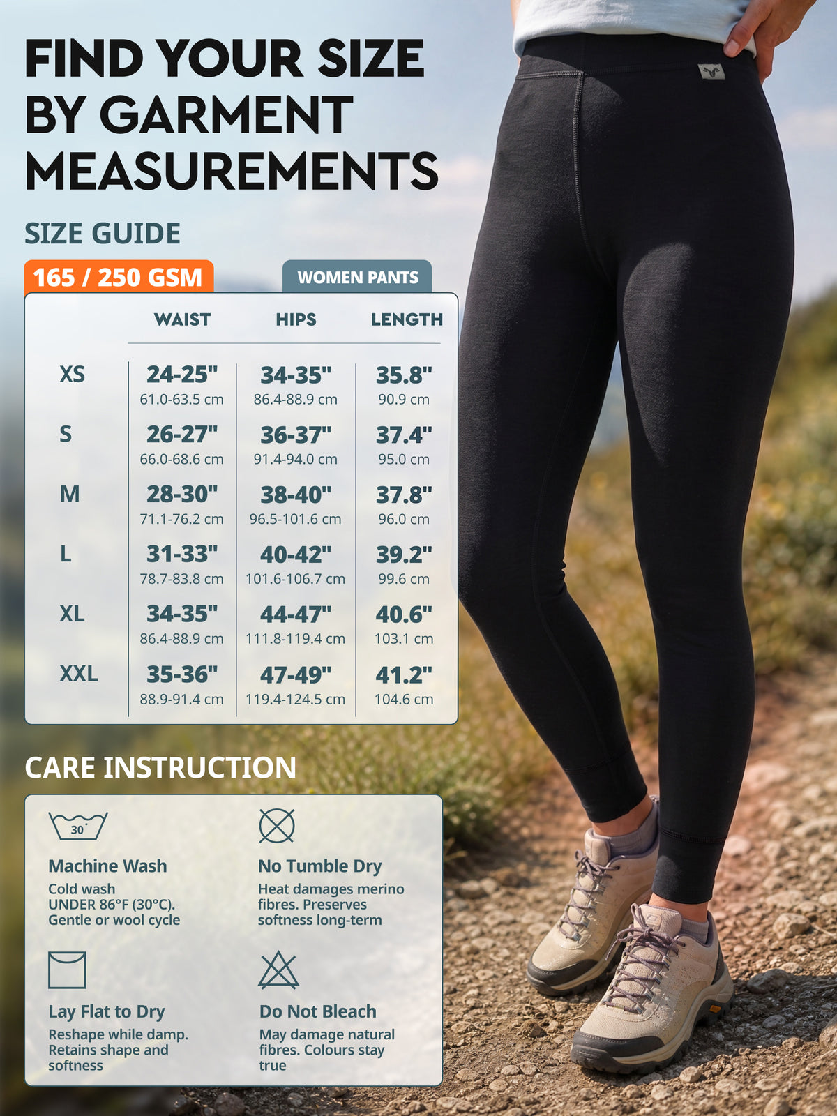 Size guide and care instructions - Women Pants 165/250 GSM