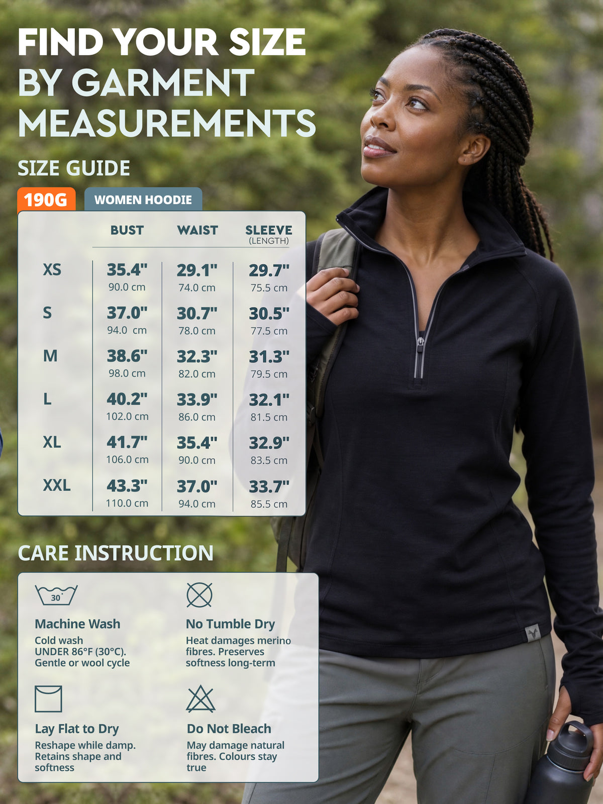 Size guide and care instructions - Women Half-Zip Hoodie 190 GSM