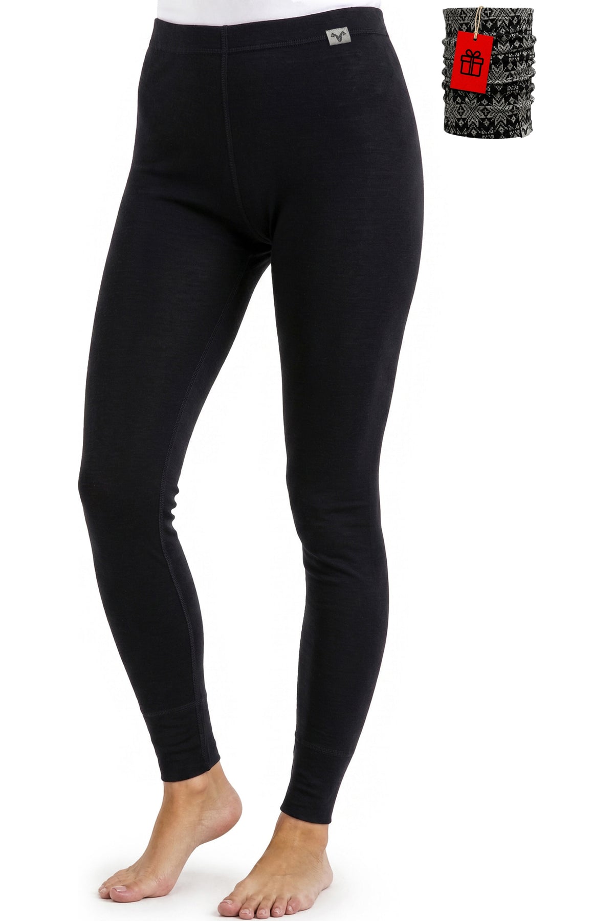 MERINNOVATION Women's Merino Wool Leggings 165 Black with bonus neck warmer