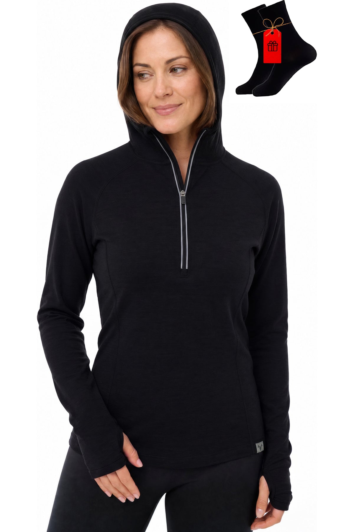 MERINNOVATION Women's Merino Wool Half Zip Hoodie Black with bonus merino socks