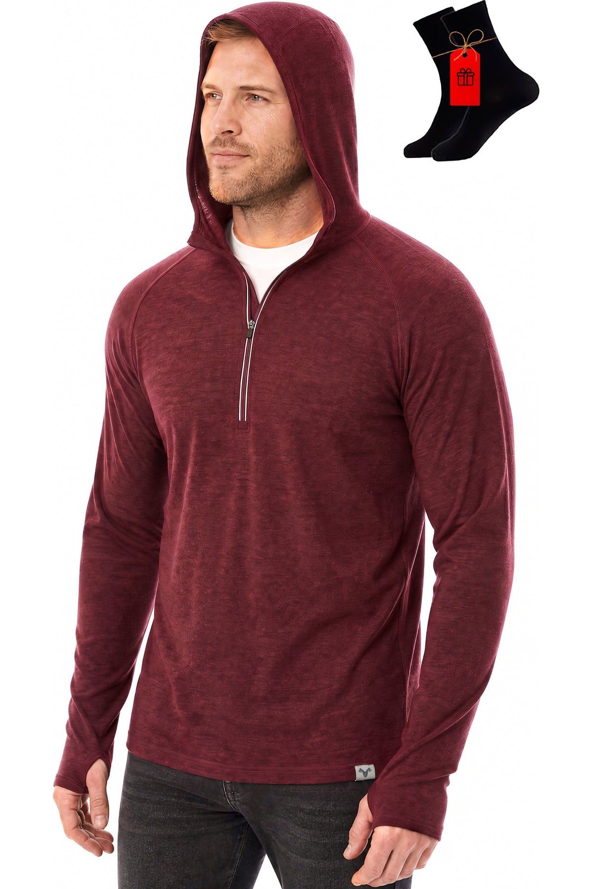 MERINNOVATION Men's Merino Wool Half Zip Hoodie Cabernet with bonus merino socks