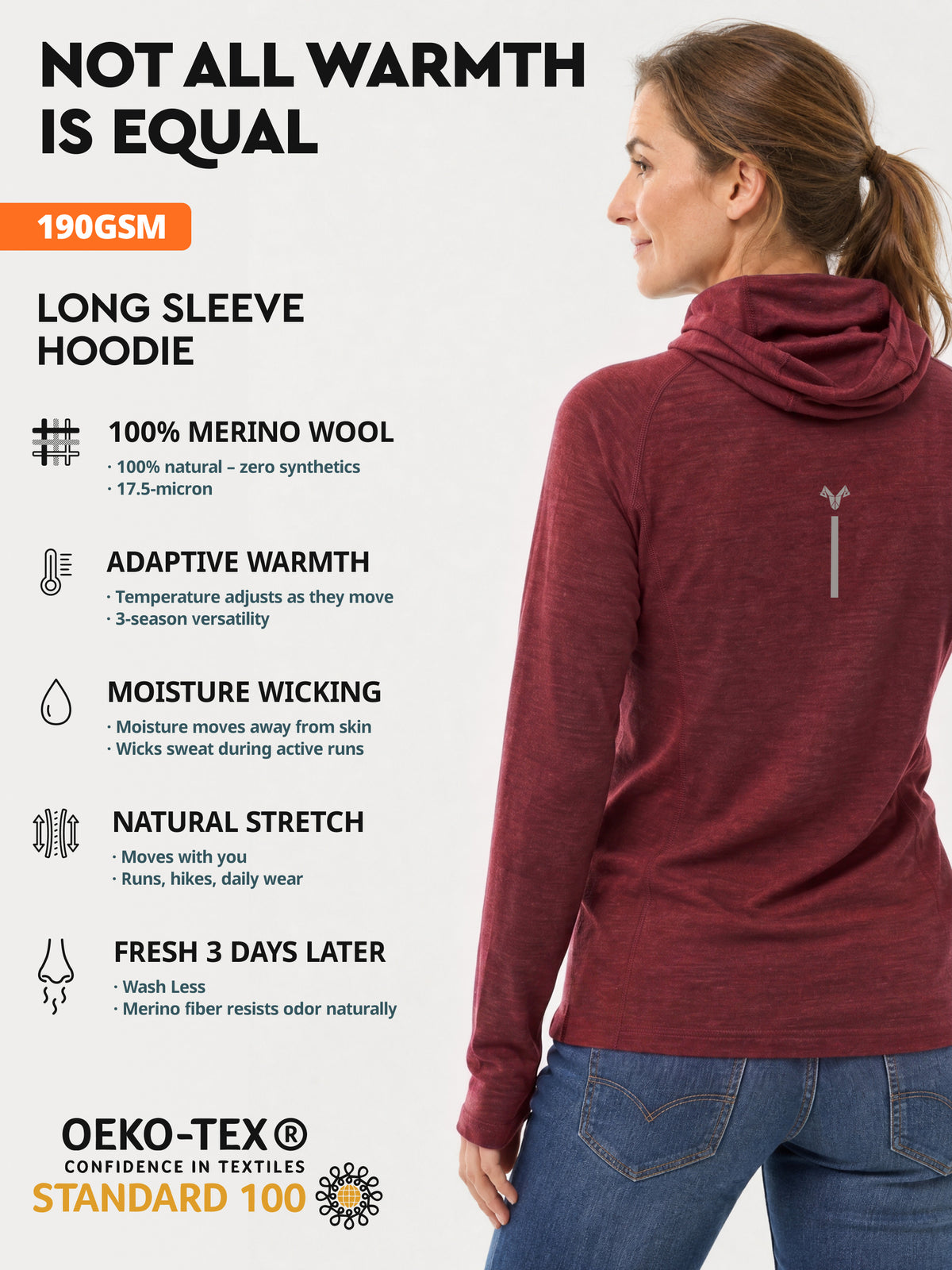 Women's merino wool hoodie Cabernet features