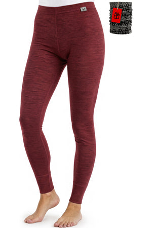 Women's Merino Wool Leggings 165 Cabernet with bonus neck warmer