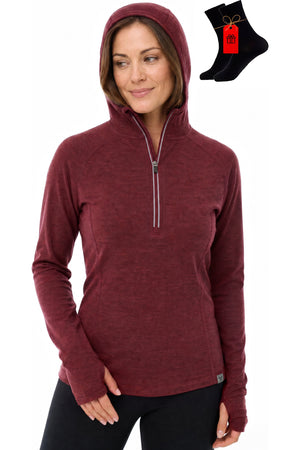 Women's Merino Wool Half Zip Hoodie Cabernet with bonus merino socks