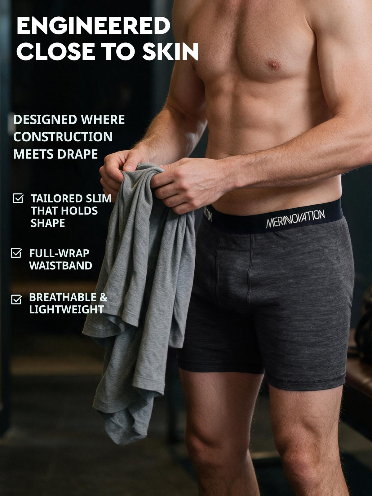 Men's merino boxer briefs Charcoal Marle details