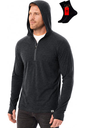 MERINNOVATION Men's Merino Wool Half Zip Hoodie Charcoal Marle with bonus merino socks