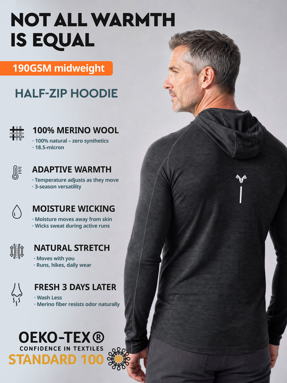 Men's merino wool hoodie Charcoal Marle features