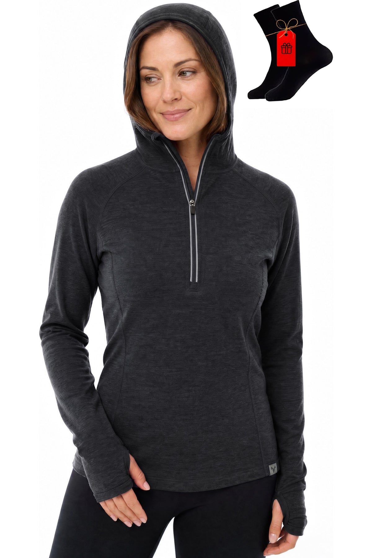 Women's Merino Wool Half Zip Hoodie Charcoal Marle with bonus merino socks