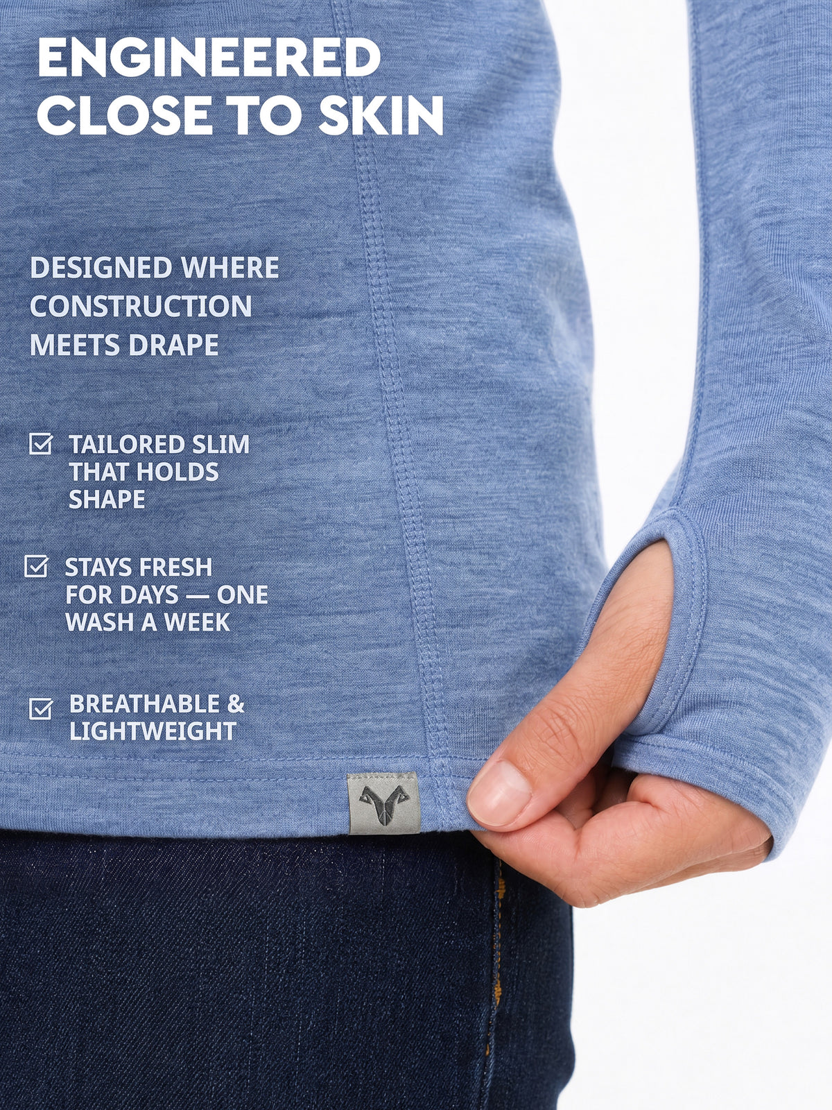 Women's merino hoodie Deep Blue details