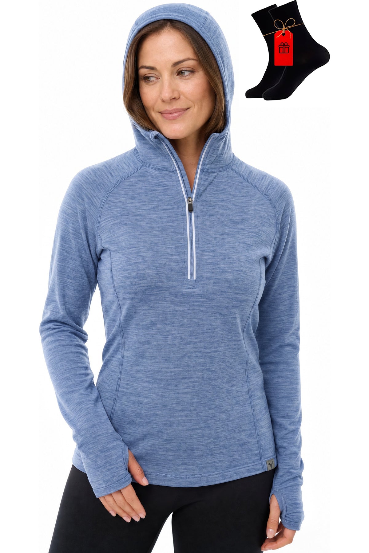Women's Merino Wool Half Zip Hoodie Deep Blue with bonus merino socks