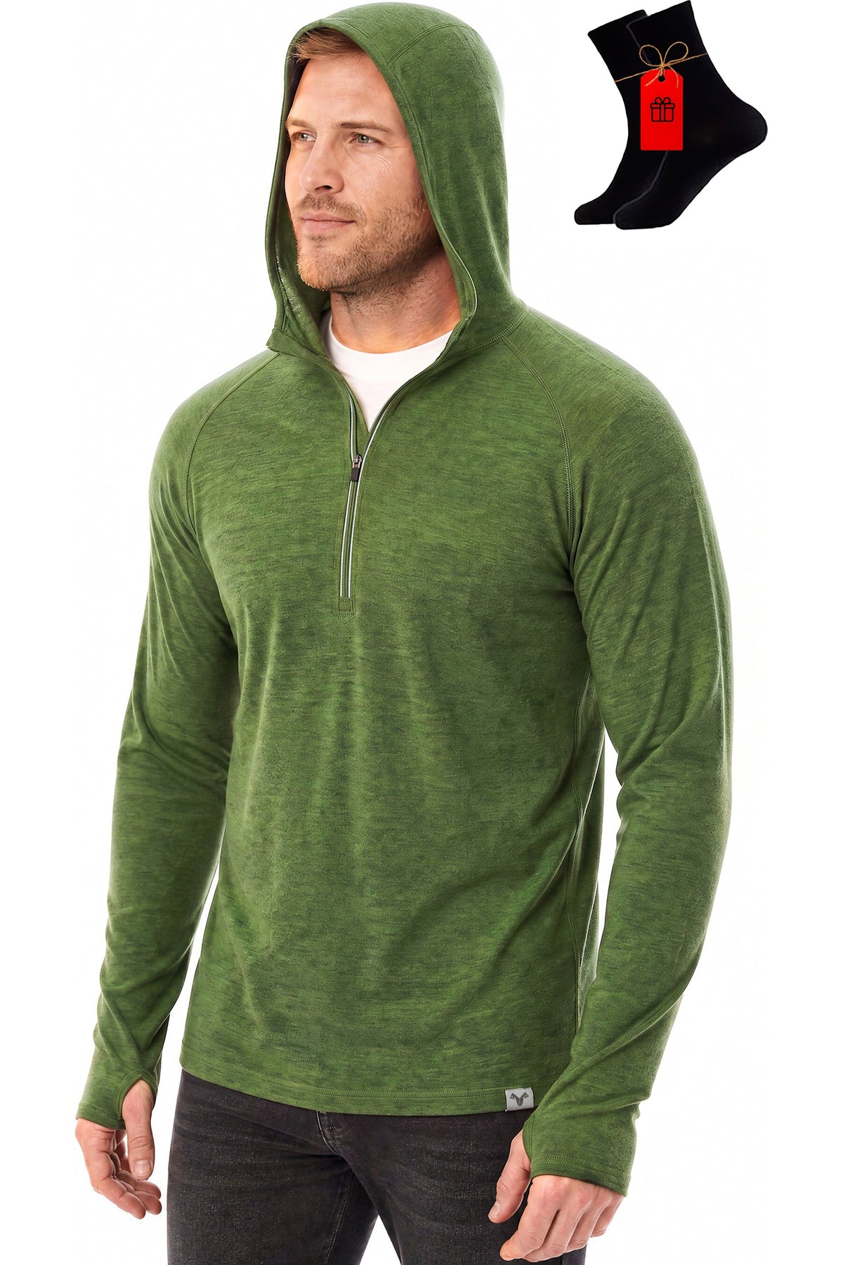 MERINNOVATION Men's Merino Wool Half Zip Hoodie Green Olive with bonus merino socks