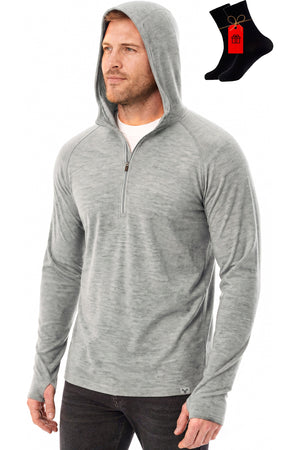 MERINNOVATION Men's Merino Wool Half Zip Hoodie Grey Marl with bonus merino socks