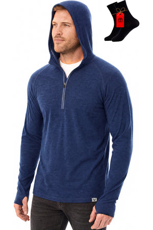 MERINNOVATION Men's Merino Wool Half Zip Hoodie Indigo Blue with bonus merino socks