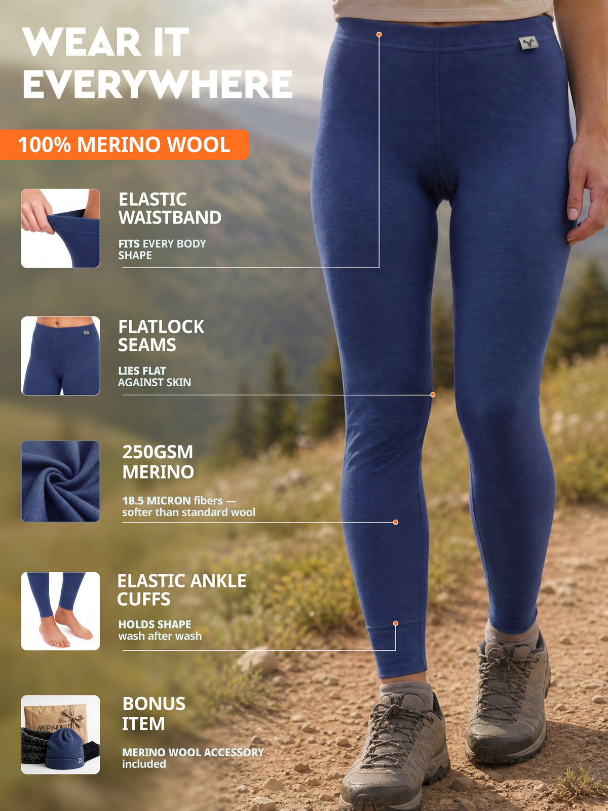 Women's merino leggings Indigo Blue details