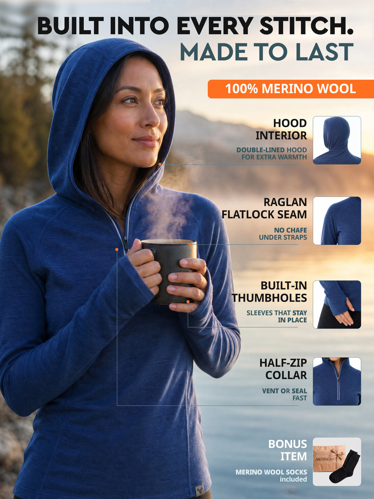 Women's merino hoodie Indigo Blue lifestyle