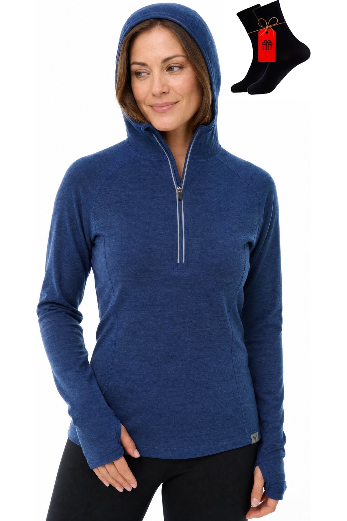 Women's Merino Wool Half Zip Hoodie Indigo Blue with bonus merino socks