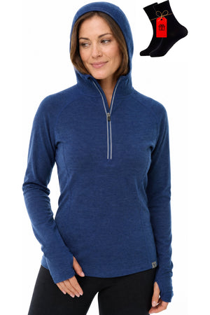 Women's Merino Wool Half Zip Hoodie Indigo Blue with bonus merino socks