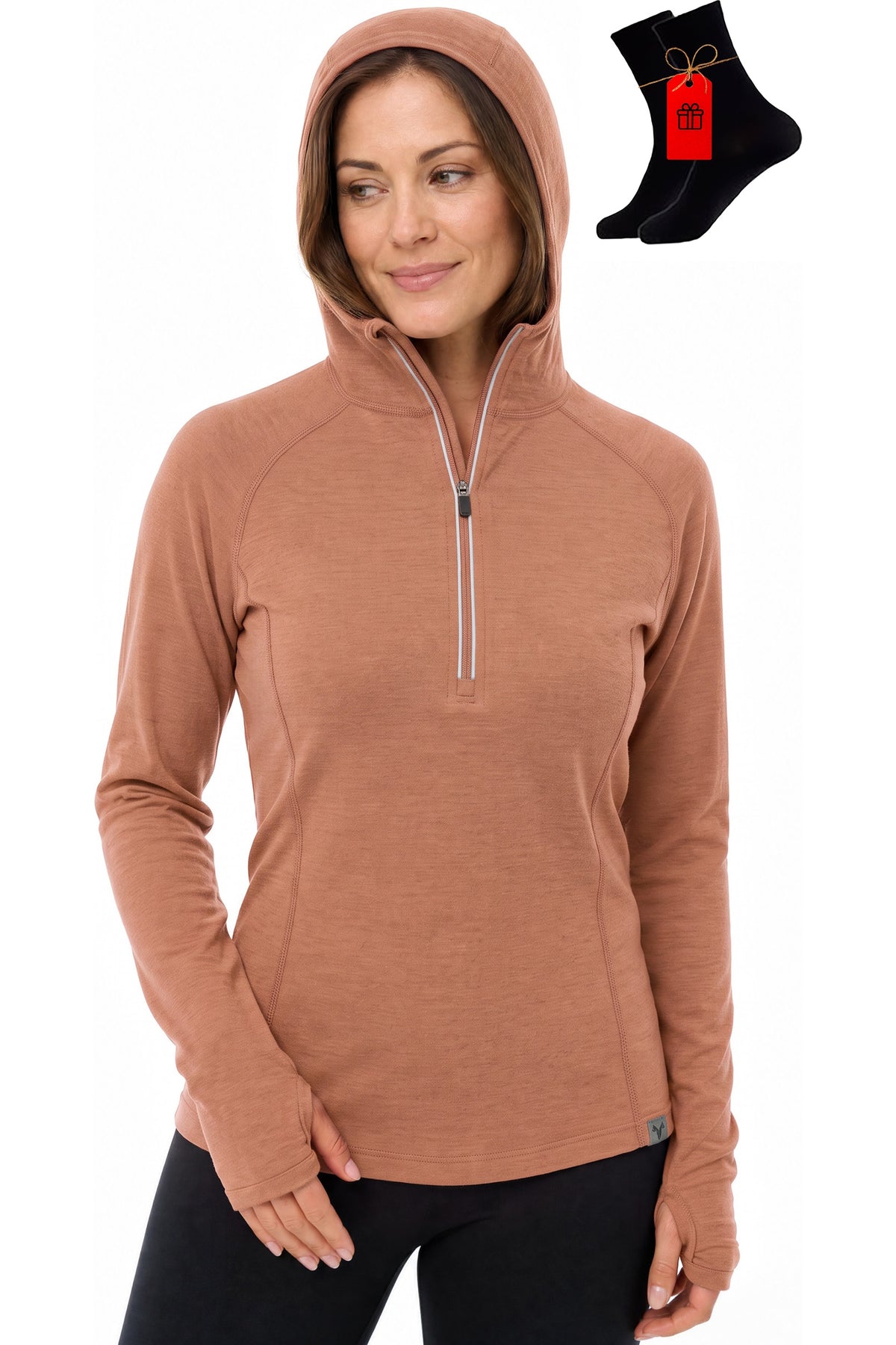 Women's Merino Wool Half Zip Hoodie Macchiato Brown with bonus merino socks