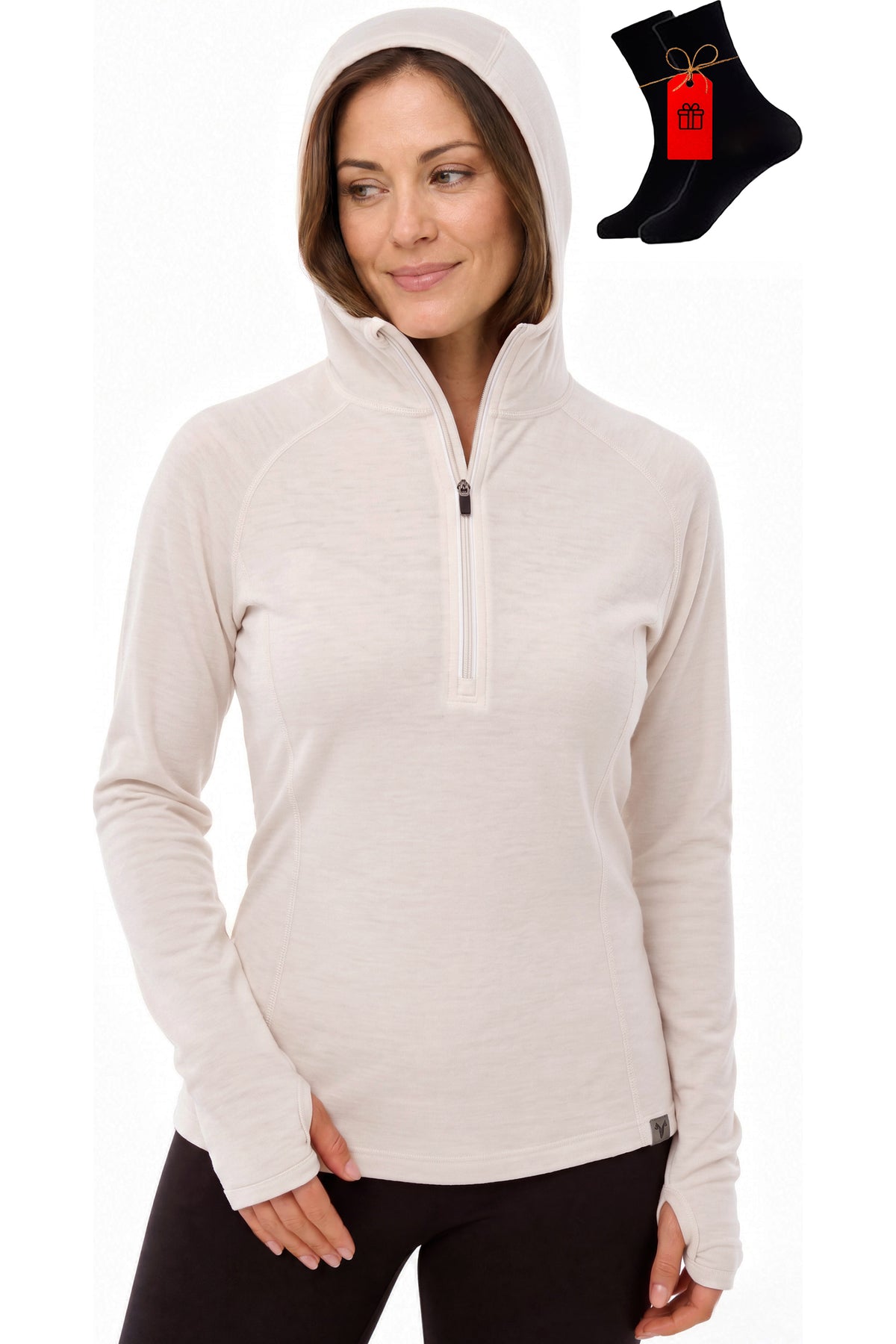 Women's Merino Wool Half Zip Hoodie Natural White with bonus merino socks