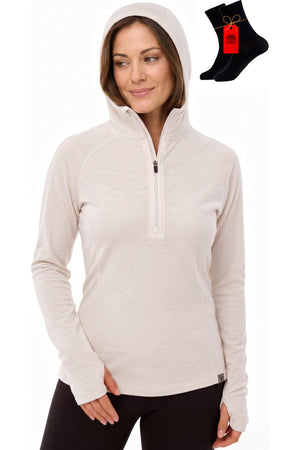 Women's Merino Wool Half Zip Hoodie Natural White with bonus merino socks