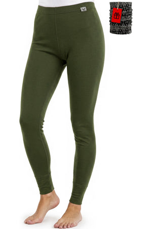 Women's Merino Wool Leggings 165 Olive Green Marle with bonus neck warmer